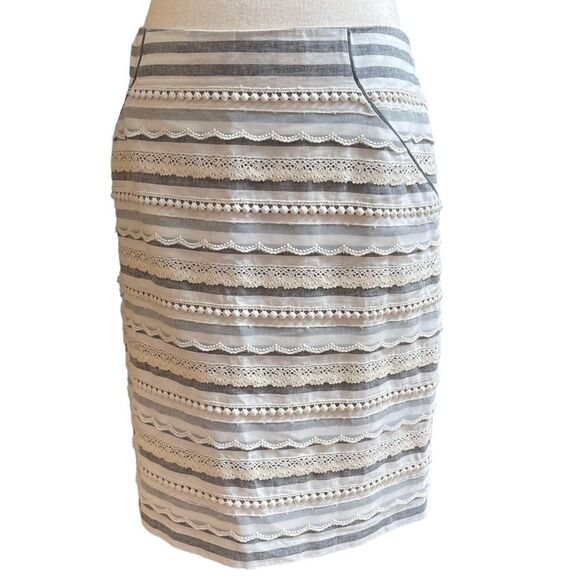 Anthropologie Tabitha Sailing Lace Striped Pencil Mini Skirt Small Linen/Cotton - Picture 2 of 13